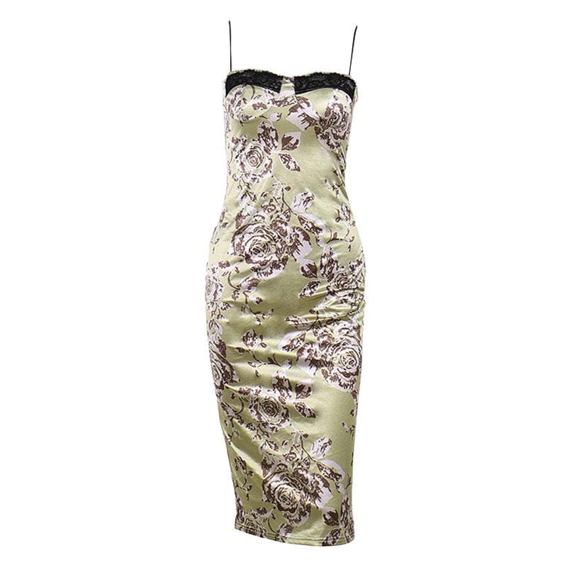 Spaghetti Strap Lace Trim Print Satin Slip Maxi Dress 4