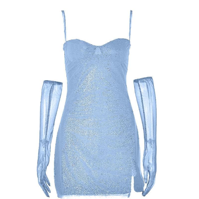 Sweetheart Neck Spaghetti Strap Glitter Side Slit Mesh Glove Mini Dress 10