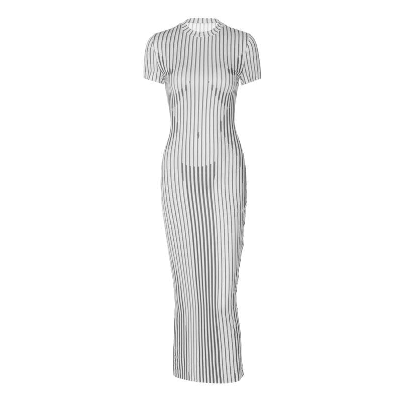 Optical Illusion Body Map Stripe Contrast Crew Neck Cap Sleeve Maxi Dress 2