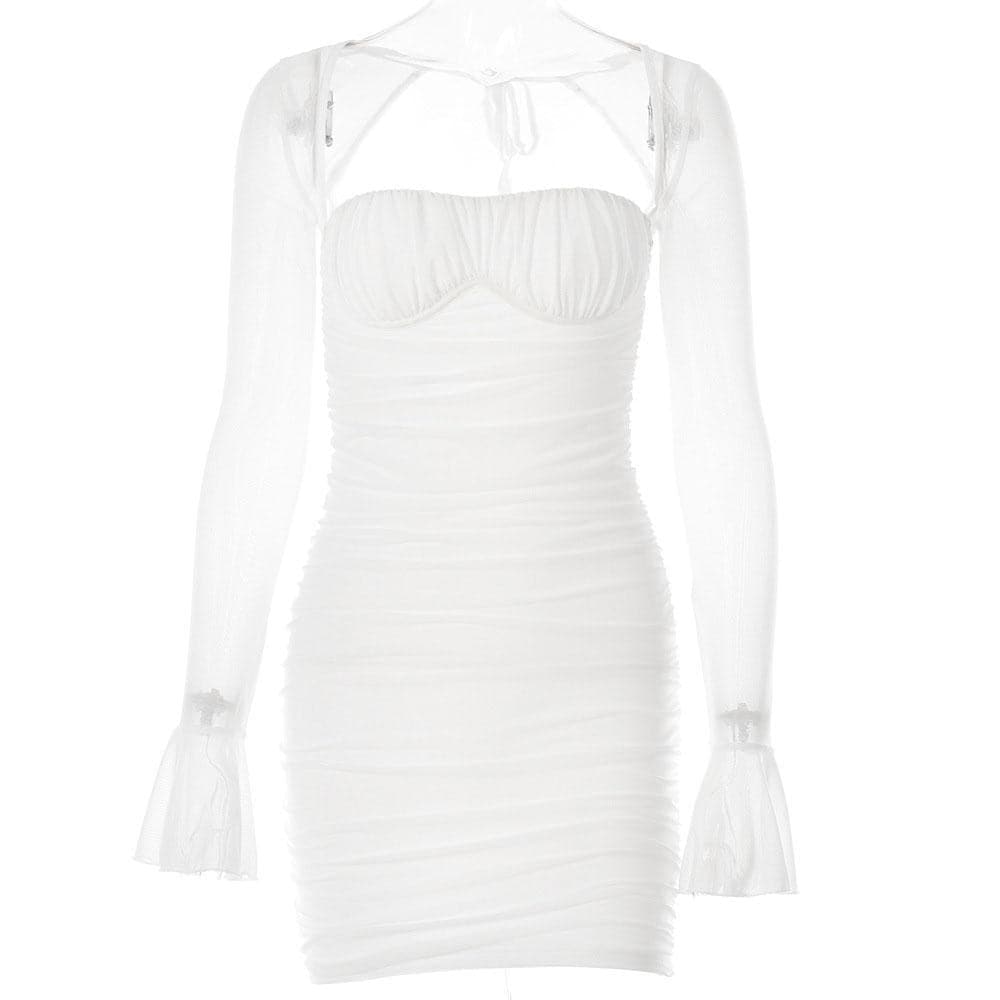 Square Neck Sweetheart Bust Ruched Mesh Bell Sleeve Mini Dress 2