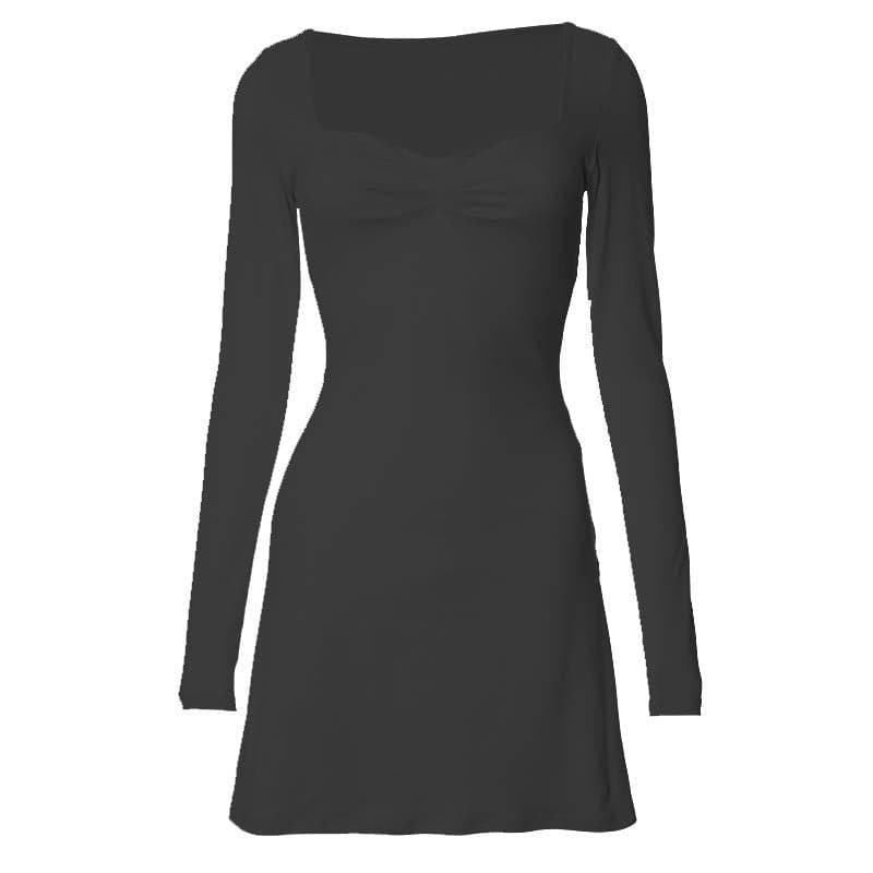 Square Neck Ruched Bust Long Sleeve Bodycon Mini Dress 2