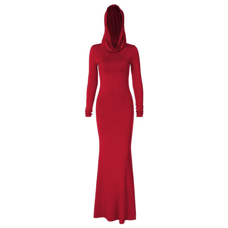 Hooded Cowl Neck Long Sleeve Bodycon Floor-Length Maxi Dress 7
