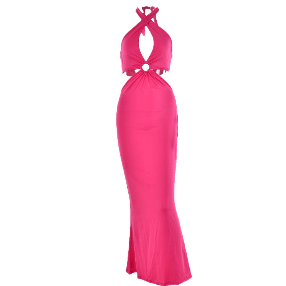 Cross Front Halter O-Ring Cutout Backless Self-Tie Maxi Dress 7