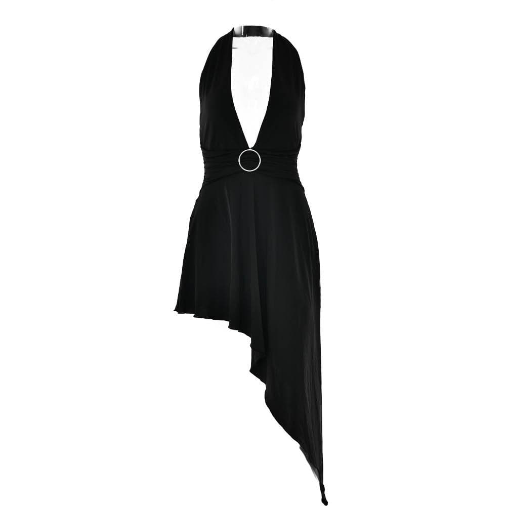 Halter O-Ring Plunge V-Neck Ring Waist Asymmetric Hem Midi Dress 2