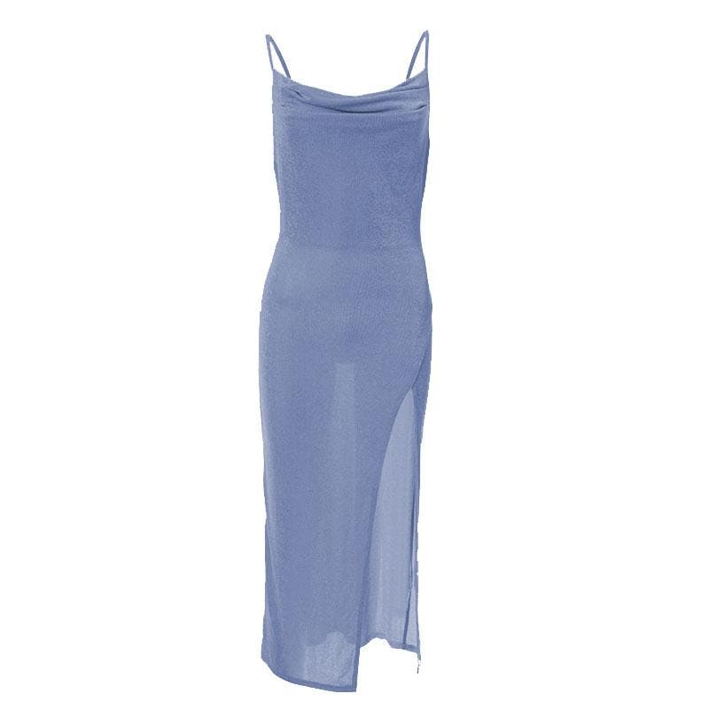 Cowl Neck Spaghetti Strap Ruched Waist High Slit Bodycon Maxi Dress 3