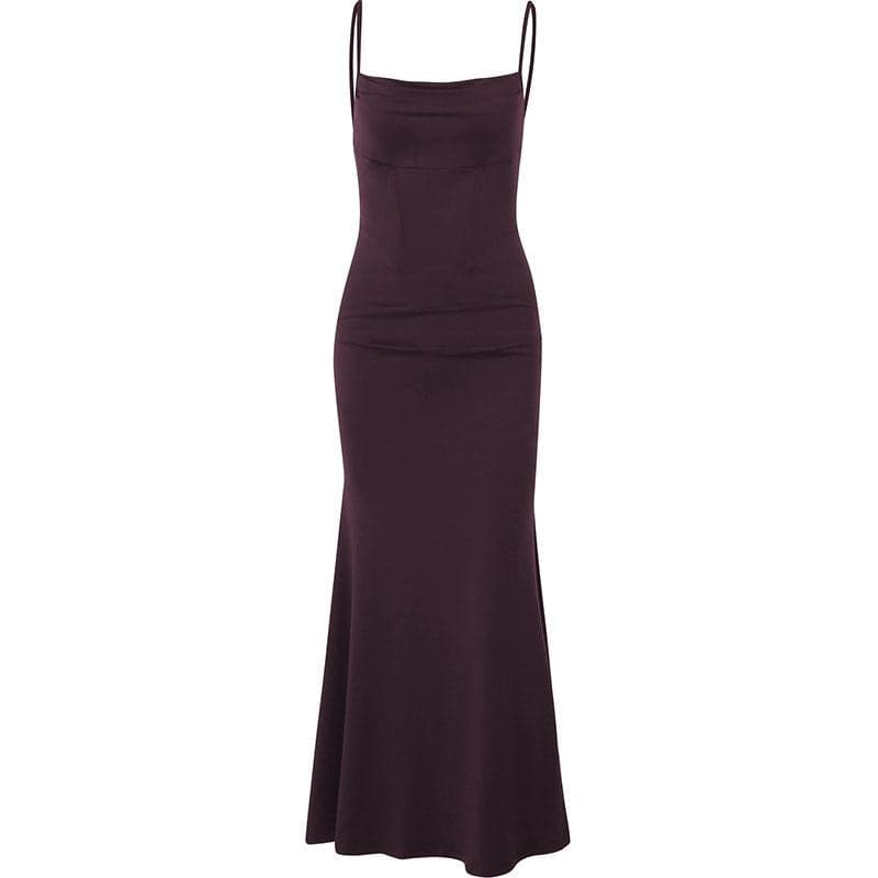 Spaghetti Strap Cowl Neck Corset Seam Ruched Bodycon Maxi Dress 8