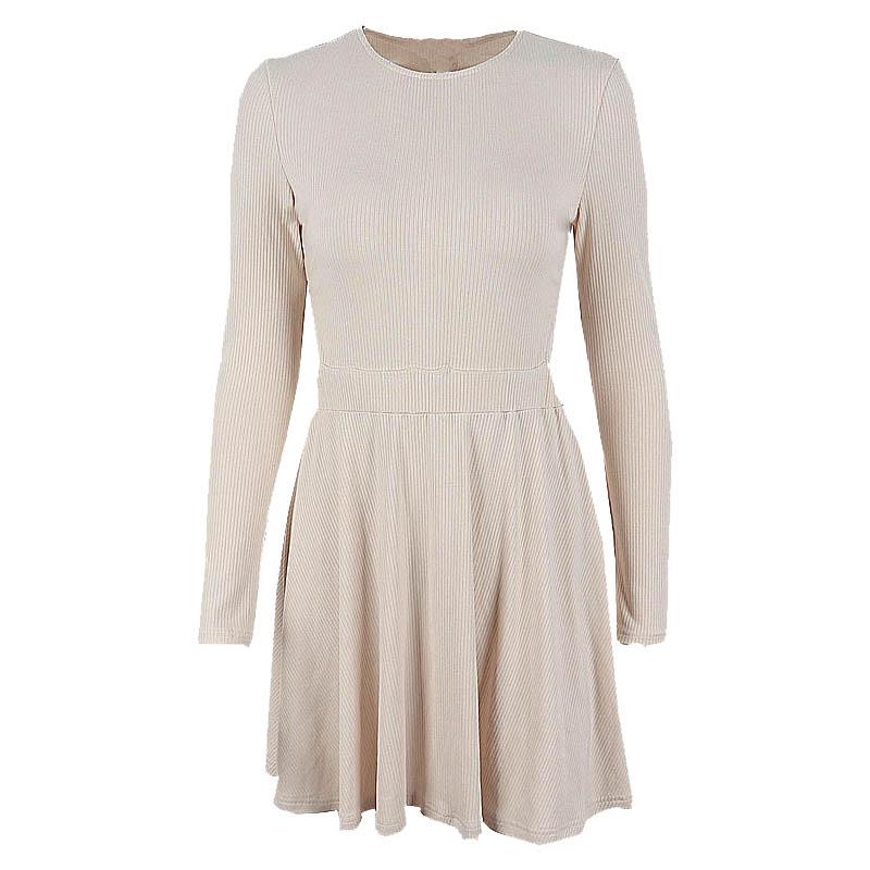 Ribbed Knit Band Waist Long Sleeve Skater Mini Dress