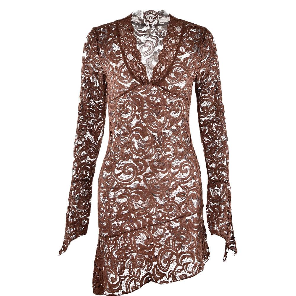 Floral Lace Bell Sleeve Handkerchief Hem V-Neck Mini Dress 7