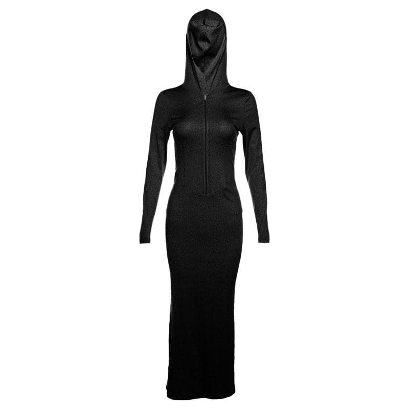 Hooded Zip Front Ribbed Panel Bodycon Maxi Dress 2