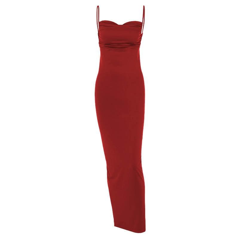 Spaghetti Strap Plunging Backless Ruched Bodycon Maxi Dress 10