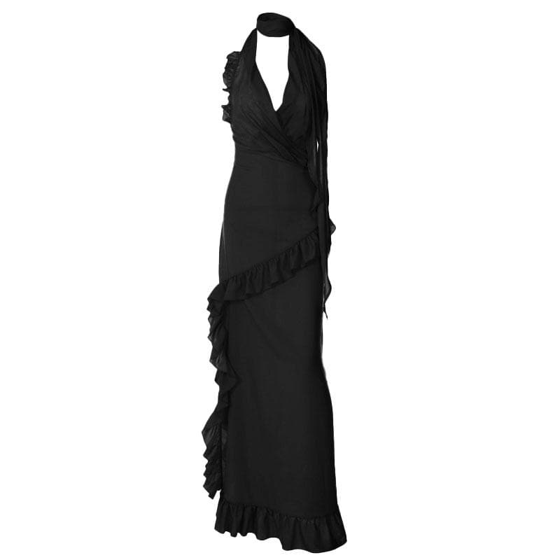 Halter Scarf Neck Surplice Ruffle Trim Maxi Gown 3