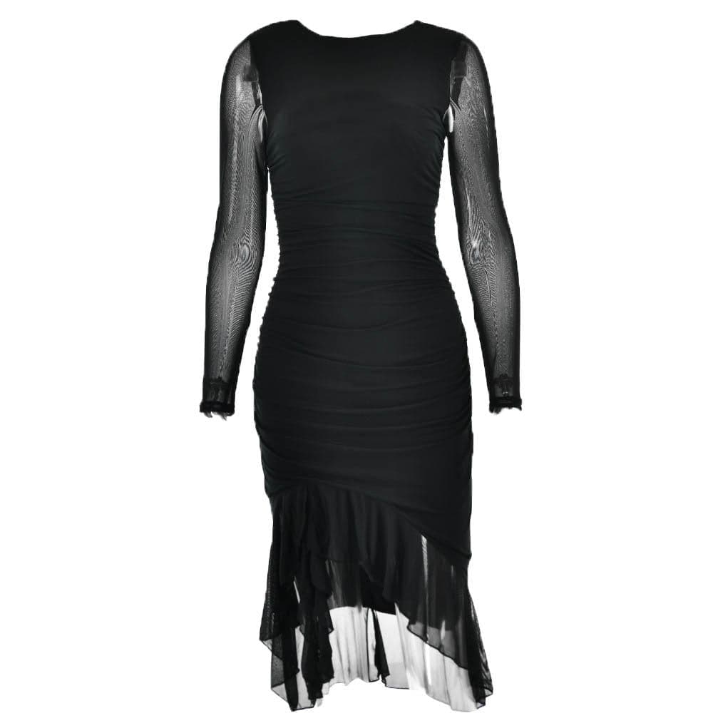 Zip Front Mesh Ruched Long Sleeve Backless Midi Dress 2