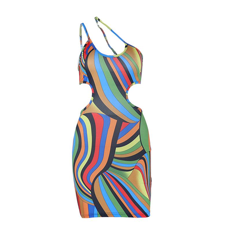 Asymmetrical Strap Oval Waist Cutout Abstract Swirl Print Bodycon Mini Dress