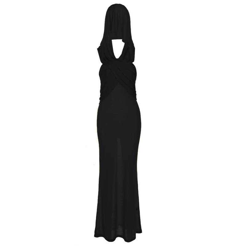 Hooded Cross Halter Ruched Sheer Overlay Bodycon Maxi Dress 2