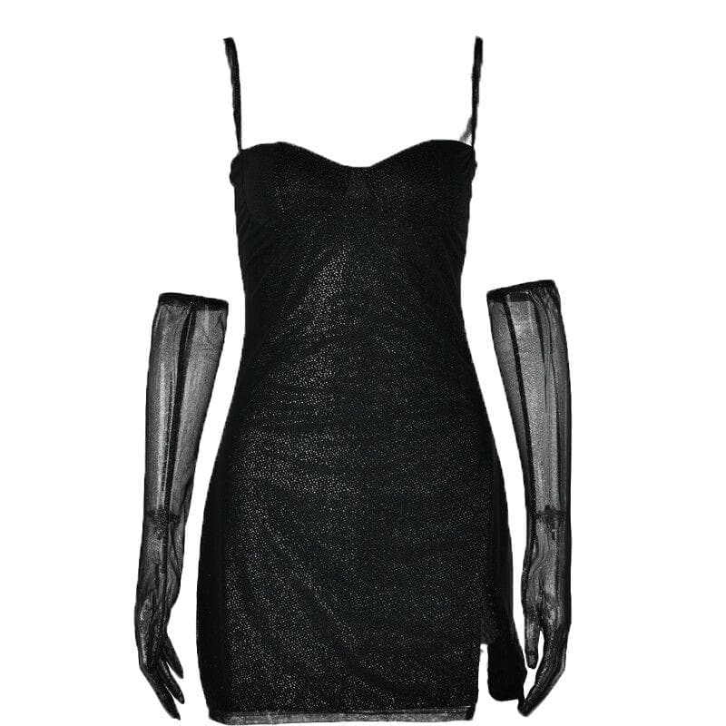Sweetheart Neck Spaghetti Strap Glitter Side Slit Mesh Glove Mini Dress 2