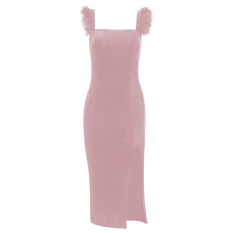 Square Neck Faux Fur Strap Side Slit Velvet Zip Up Midi Dress 7