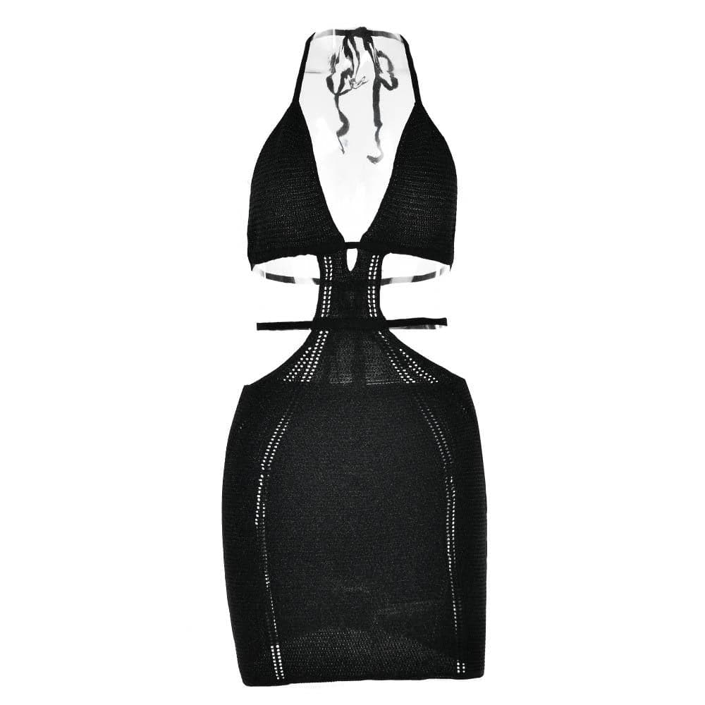 Cross Front Halter O-Ring Backless Self-Tie Mini Dress