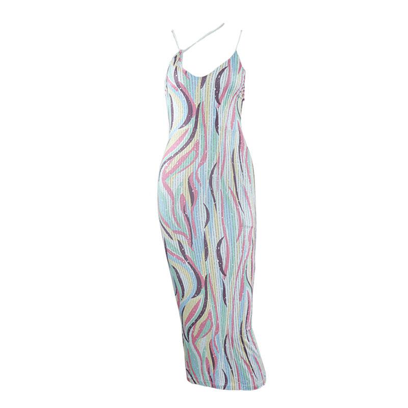 Spaghetti Strap Crossover Strap Abstract Pinstripe Print Bodycon Midi Dress 2