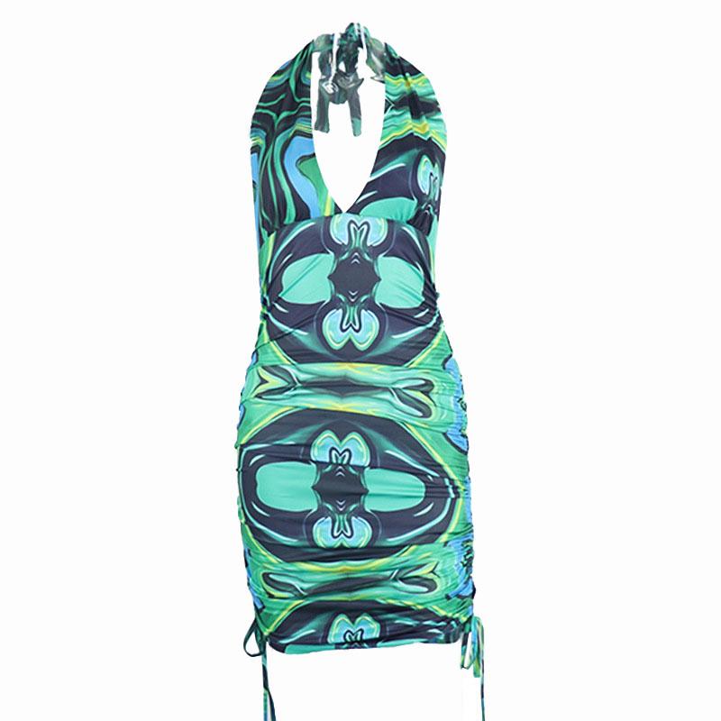 Halter V-Neck Abstract Swirl Print Side Drawstring Ruched Mini Dress 2