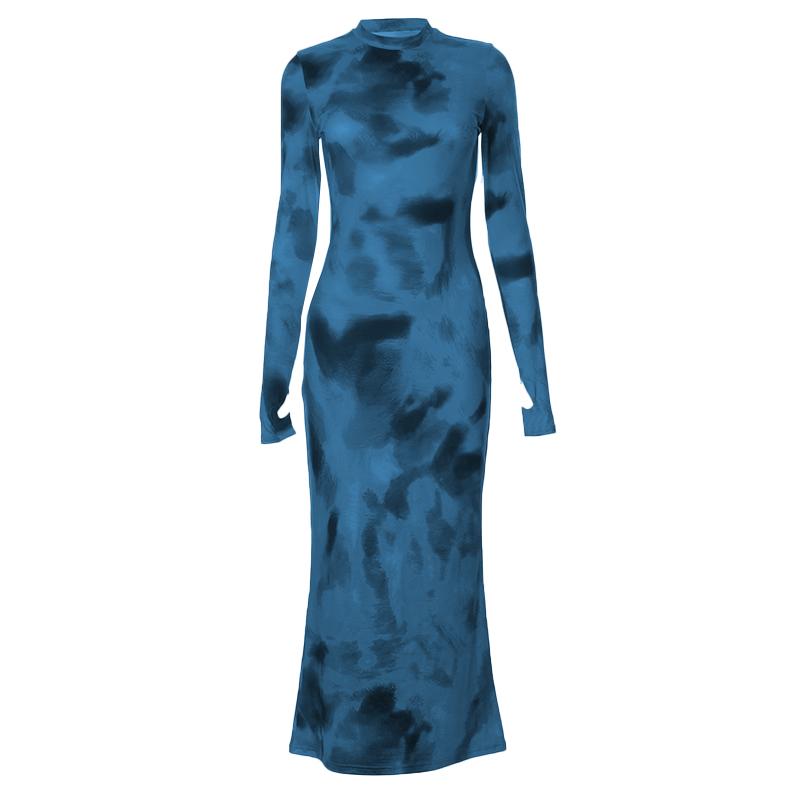 Tie Dye Print Mock Neck Thumbhole Long Sleeve Bodycon Maxi Dress 10