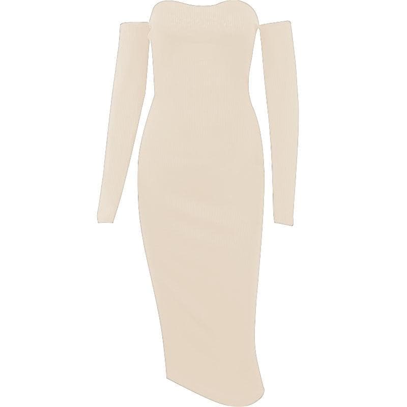 Ribbed Knit Off Shoulder Tube Thumbhole Sleeve Bodycon Maxi Dress 8