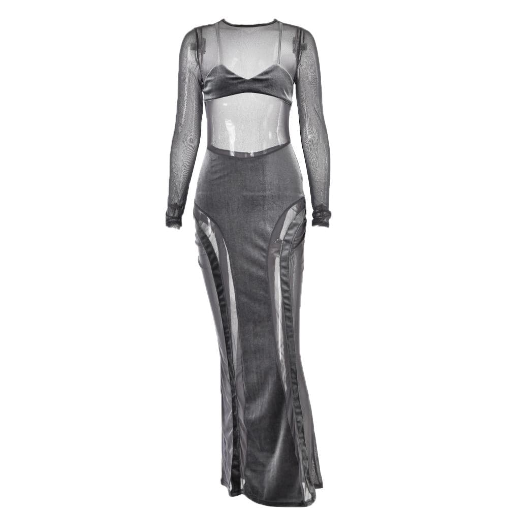 Mesh Patchwork Velvet Paneled Long Sleeve Maxi Dress 10
