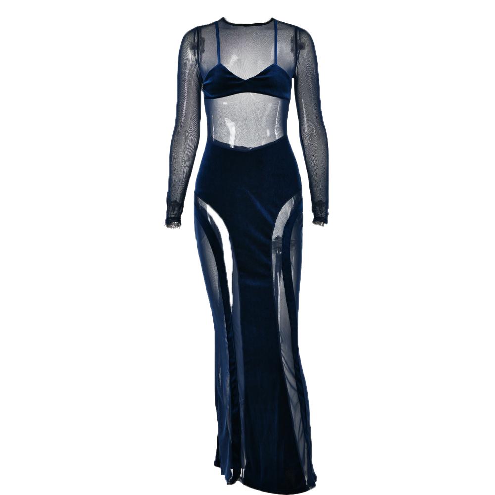 Mesh Patchwork Velvet Paneled Long Sleeve Maxi Dress 9