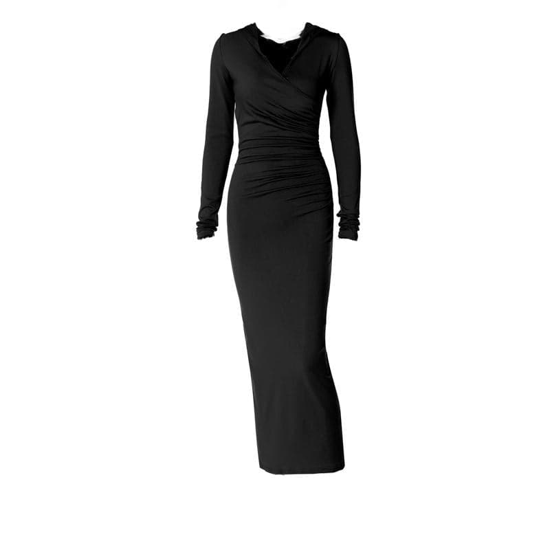 Hooded V-Neck Wrap Ruched Long Sleeve Bodycon Maxi Dress 8