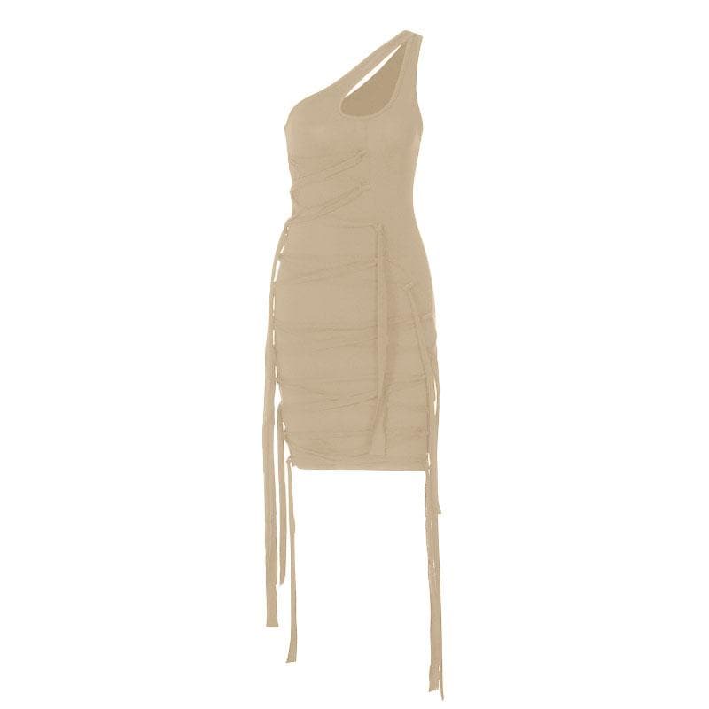 One Shoulder Bandage Lace Up Ribbon Strap Tassel Hem Mini Dress 2