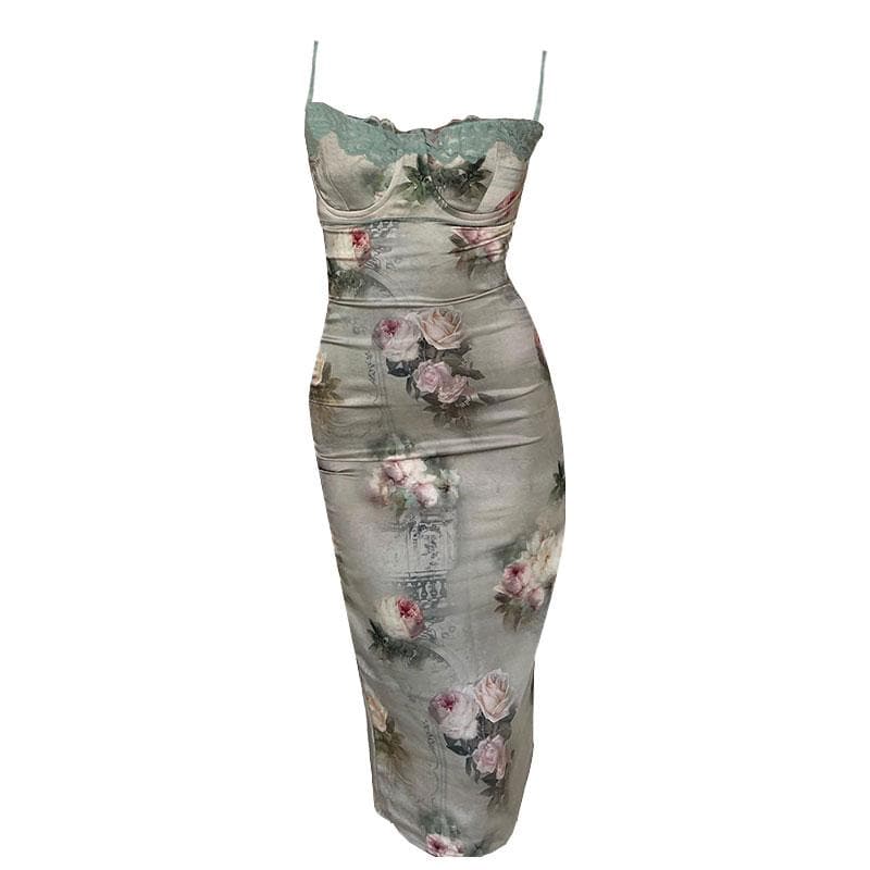 Spaghetti Strap Lace Trim Print Satin Slip Maxi Dress 2