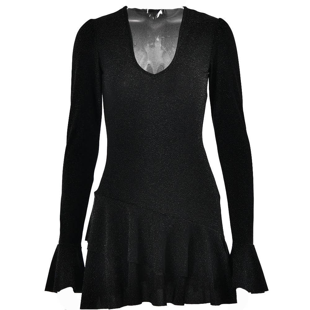 Glitter Deep V Bell Sleeve Tiered Ruffle Hem Mini Dress 2