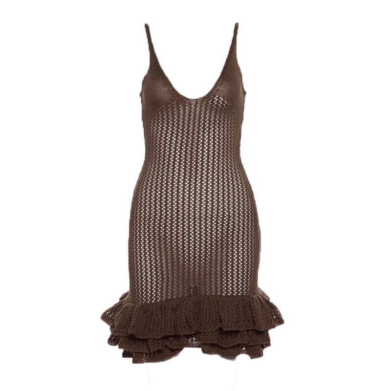 Spaghetti Strap V-Neck Crochet Pointelle Ruffle Lettuce Hem Mini Dress 13