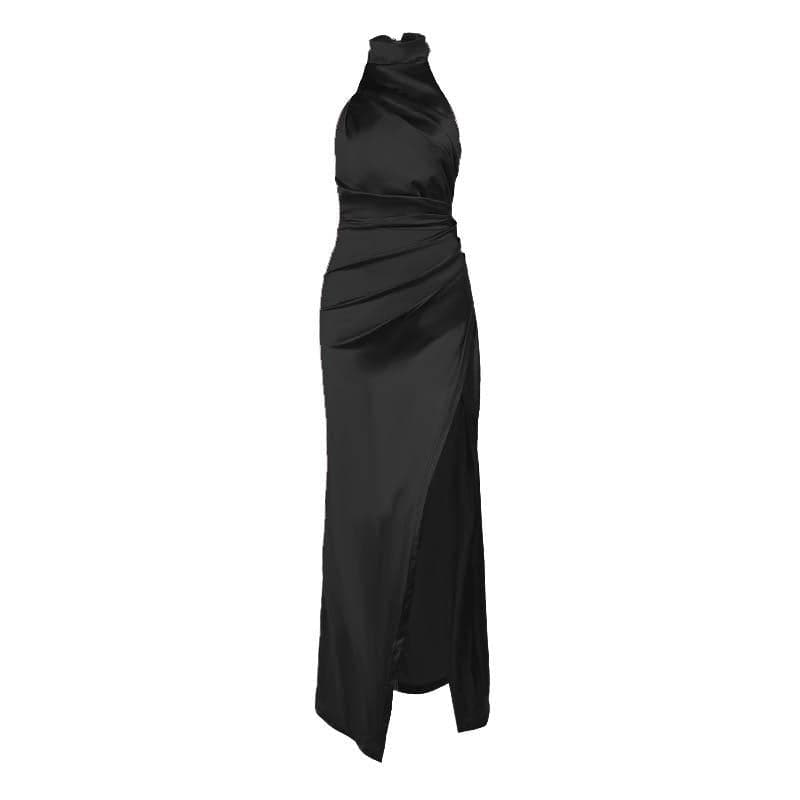 Ruched Satin Zip Up Halter Backless Slit Maxi Dress 8