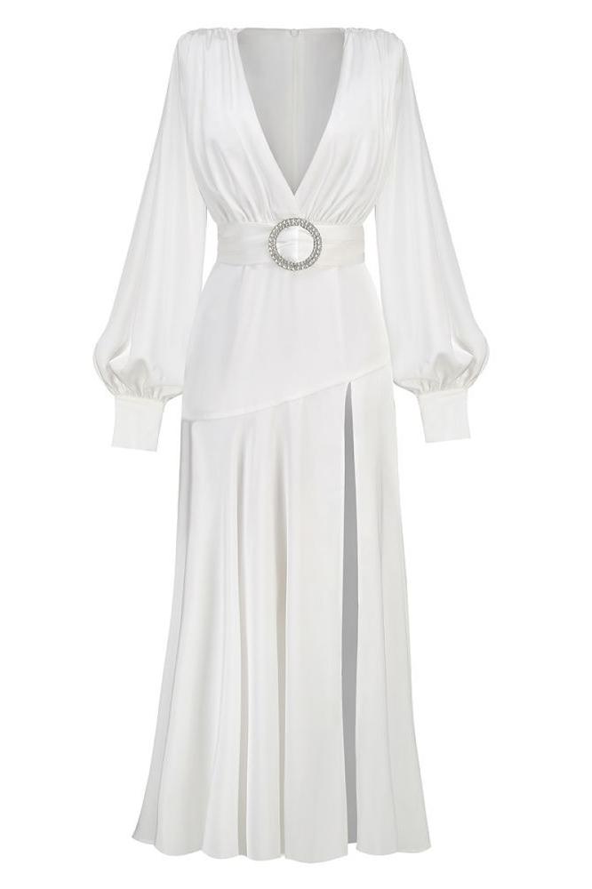 Satin Plunge V-Neck Bishop Sleeve Belted Buckle Waist A-Line Maxi Gown 6