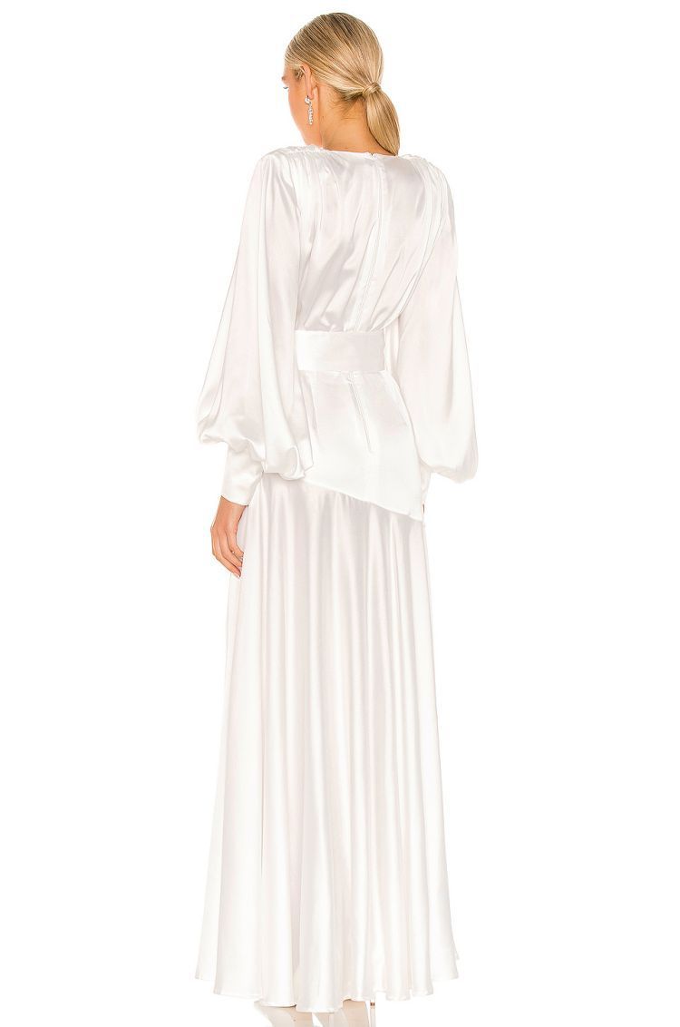 Satin Plunge V-Neck Bishop Sleeve Belted Buckle Waist A-Line Maxi Gown 5