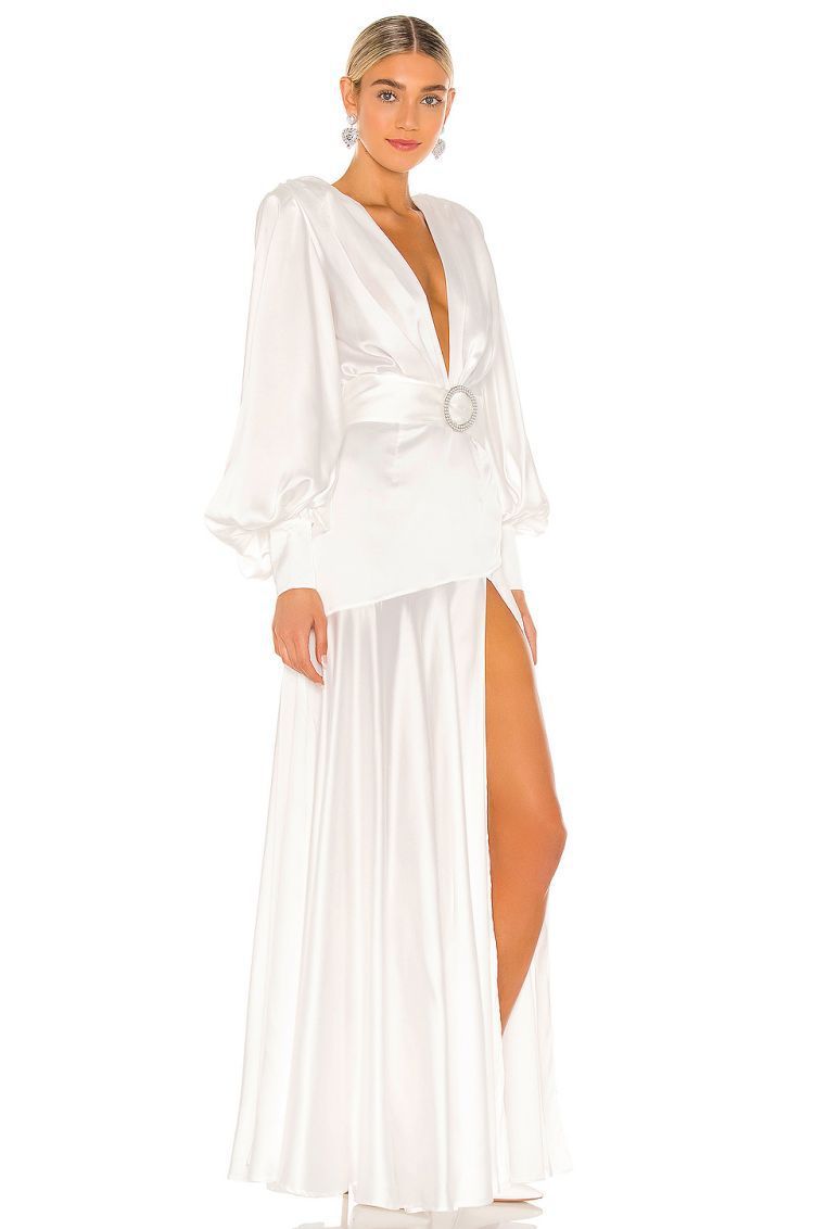 Satin Plunge V-Neck Bishop Sleeve Belted Buckle Waist A-Line Maxi Gown 4