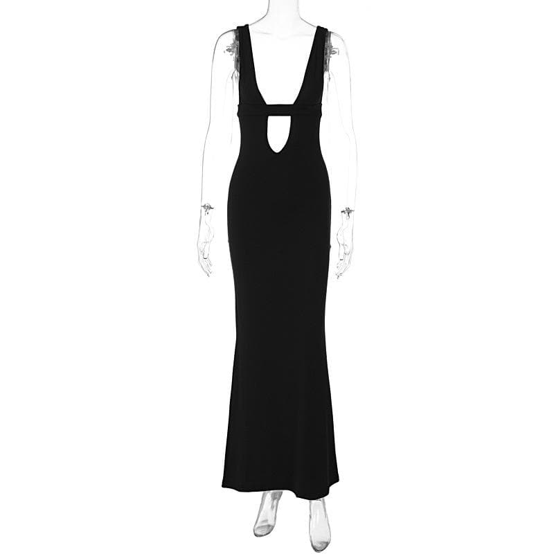 Wide Strap Deep Plunge Oval Cutout Bodycon Column Maxi Dress 8