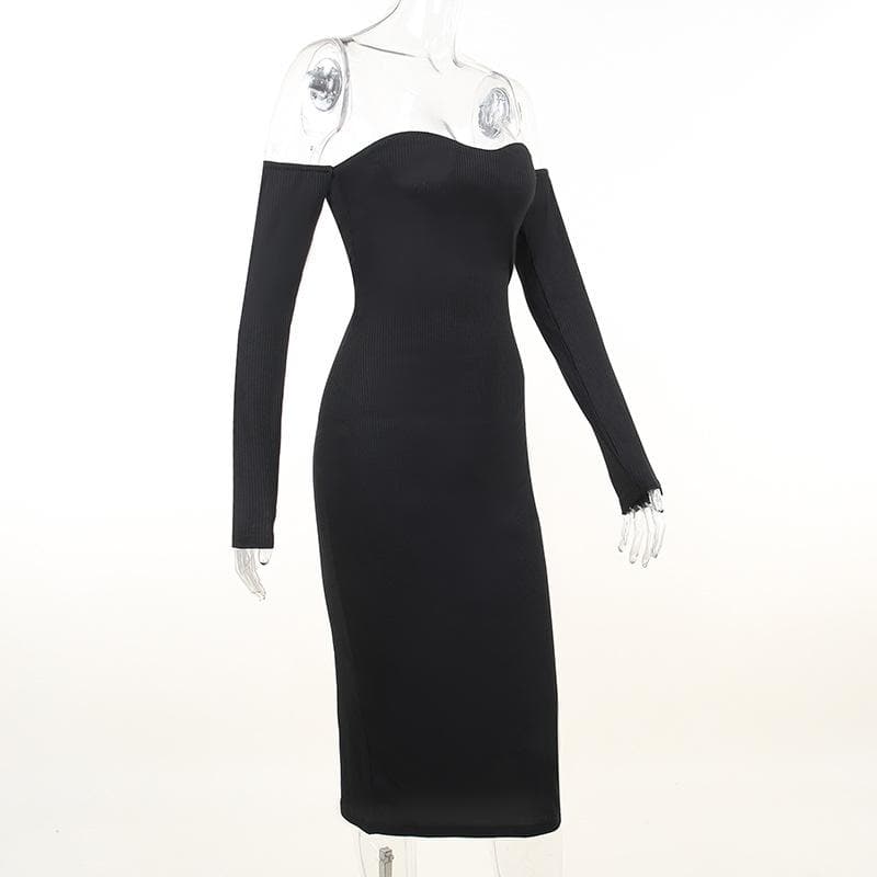 Ribbed Knit Off Shoulder Tube Thumbhole Sleeve Bodycon Maxi Dress 4
