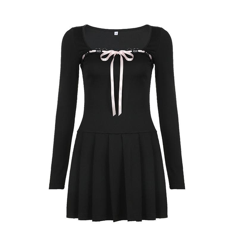 Square Neck Lace Trim Ribbon Bow Pleated Skirt Long Sleeve Mini Dress 2