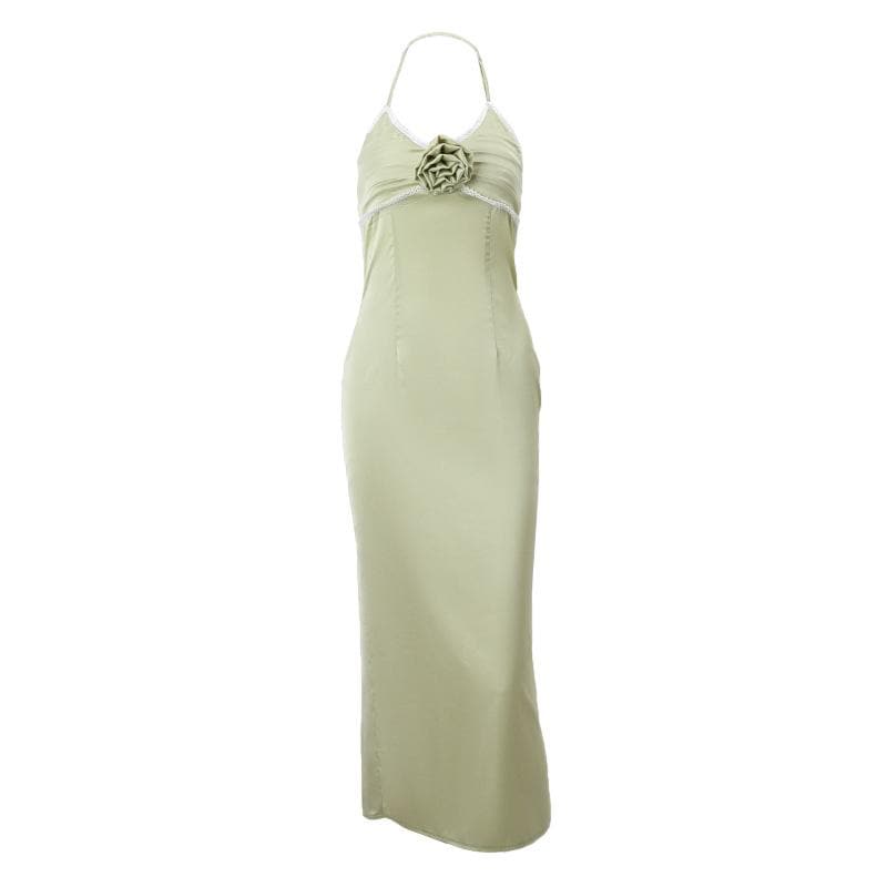 Halter Neck Applique Lace Trim Ruched Satin Column Maxi Dress