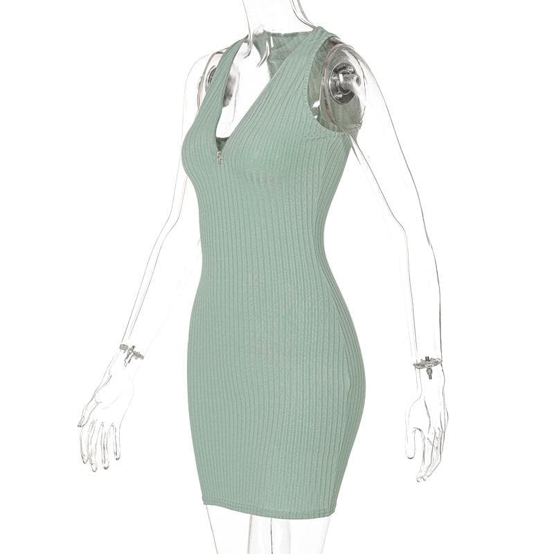 Ribbed Zip Front Deep V Halter Neck Bodycon Mini Dress 3