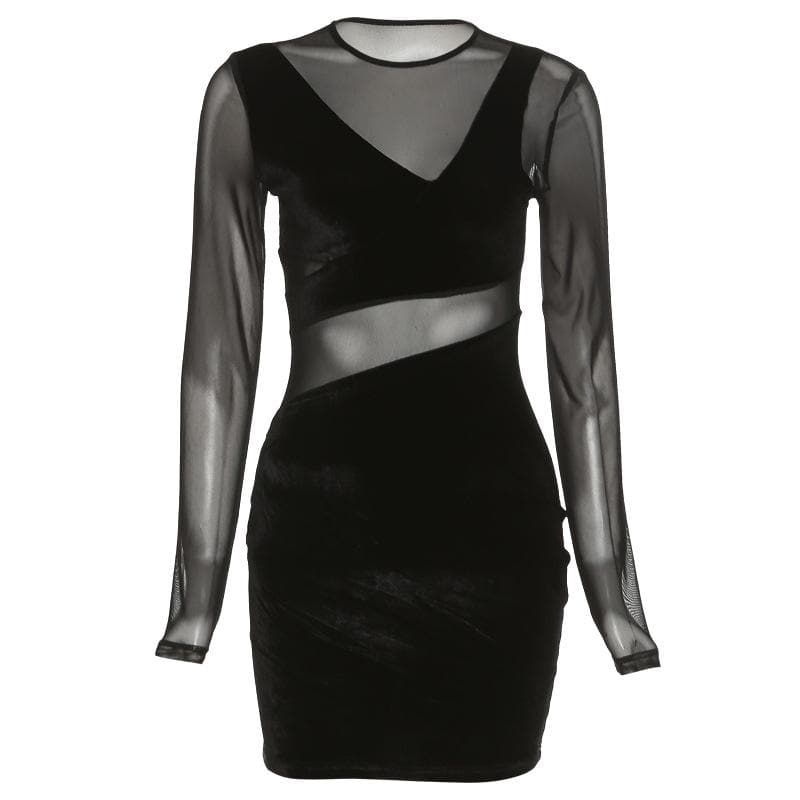 Mesh Velvet Diagonal Panel Low Cut Long Sleeve Mini Dress