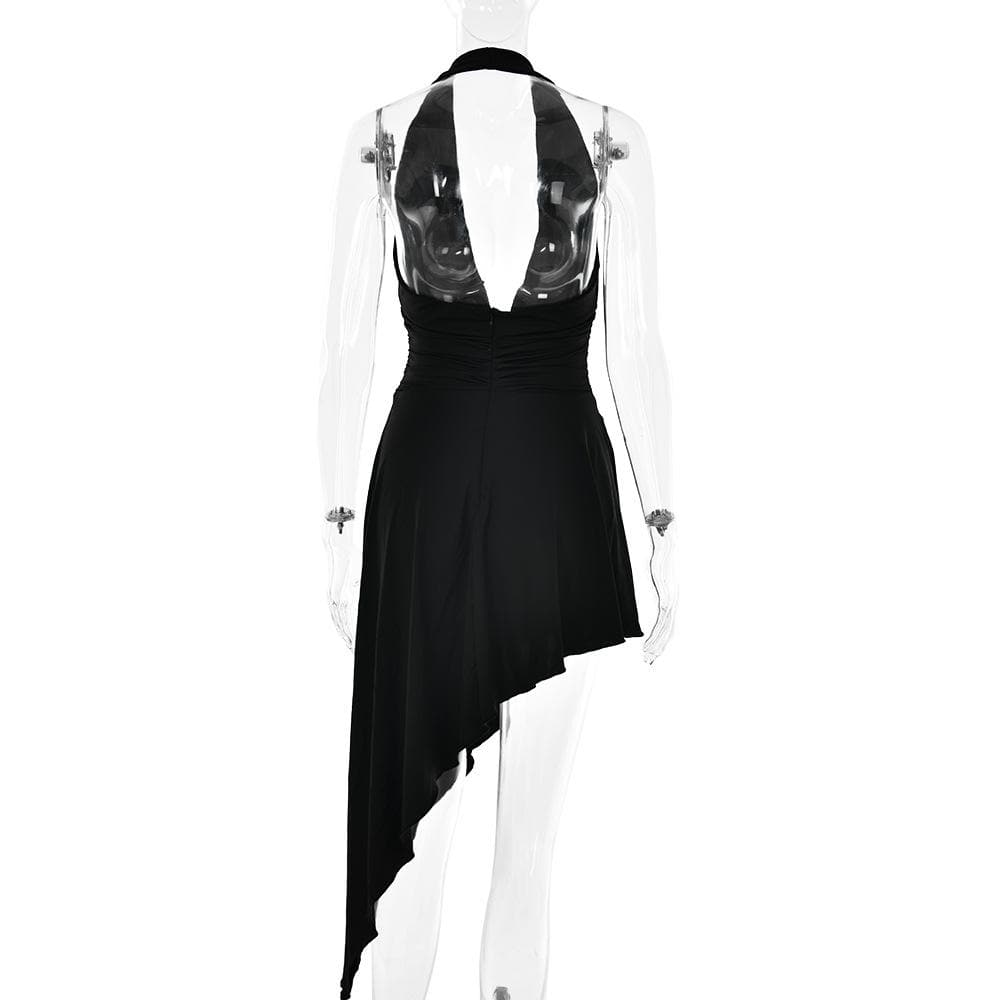 Halter O-Ring Plunge V-Neck Ring Waist Asymmetric Hem Midi Dress 5