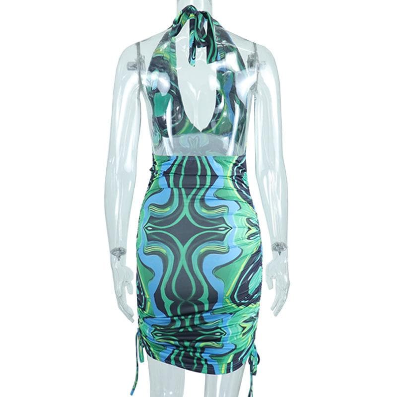 Halter V-Neck Abstract Swirl Print Side Drawstring Ruched Mini Dress 4