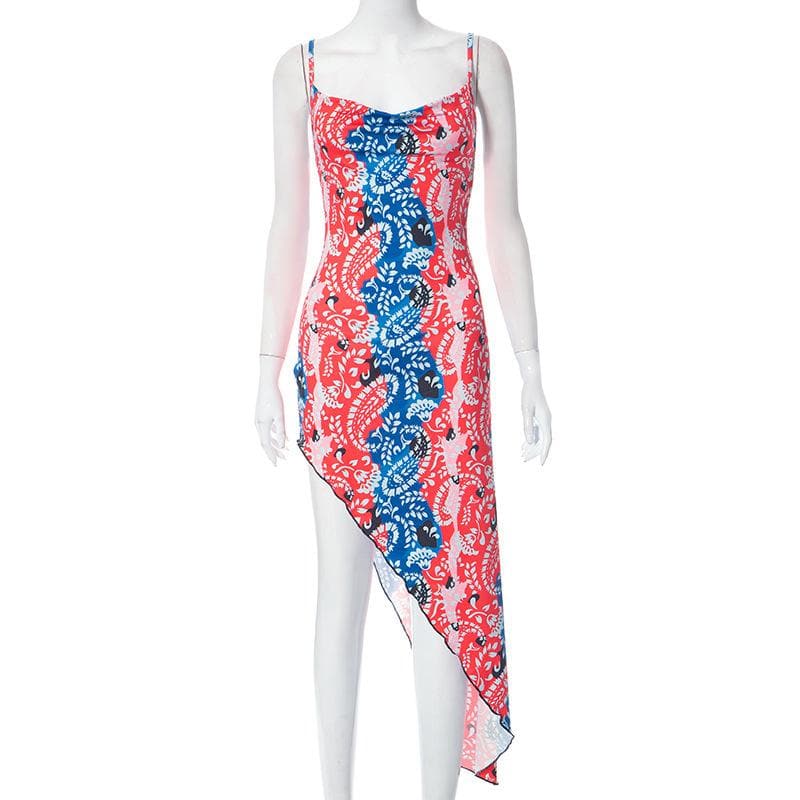 Paisley Print Cowl Neck Spaghetti Strap Thigh Slit Bodycon Midi Dress 8