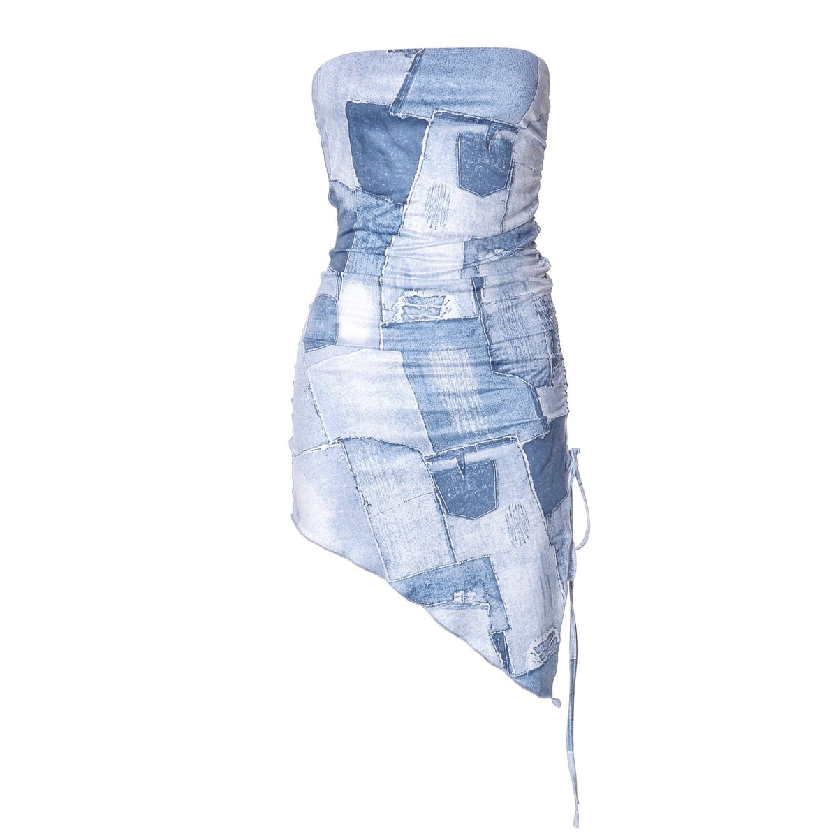 Strapless Denim Patchwork Ruched Drawstring Asymmetric Hem Mini Dress 2