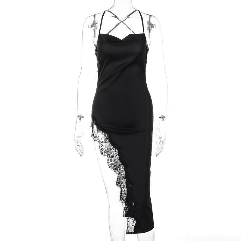 Cowl Neck Crisscross Strap Lace Trim Asymmetrical Hem Satin Midi Dress 4
