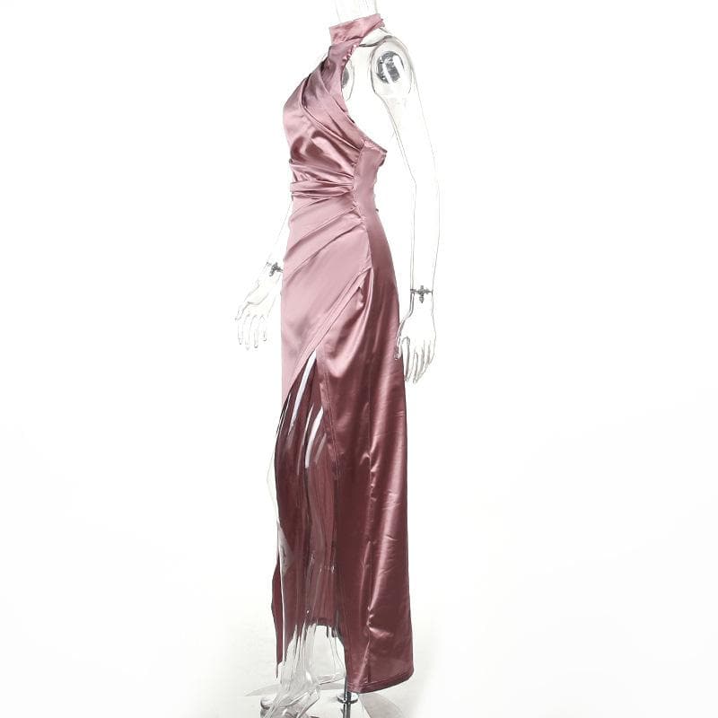 Ruched Satin Zip Up Halter Backless Slit Maxi Dress 3