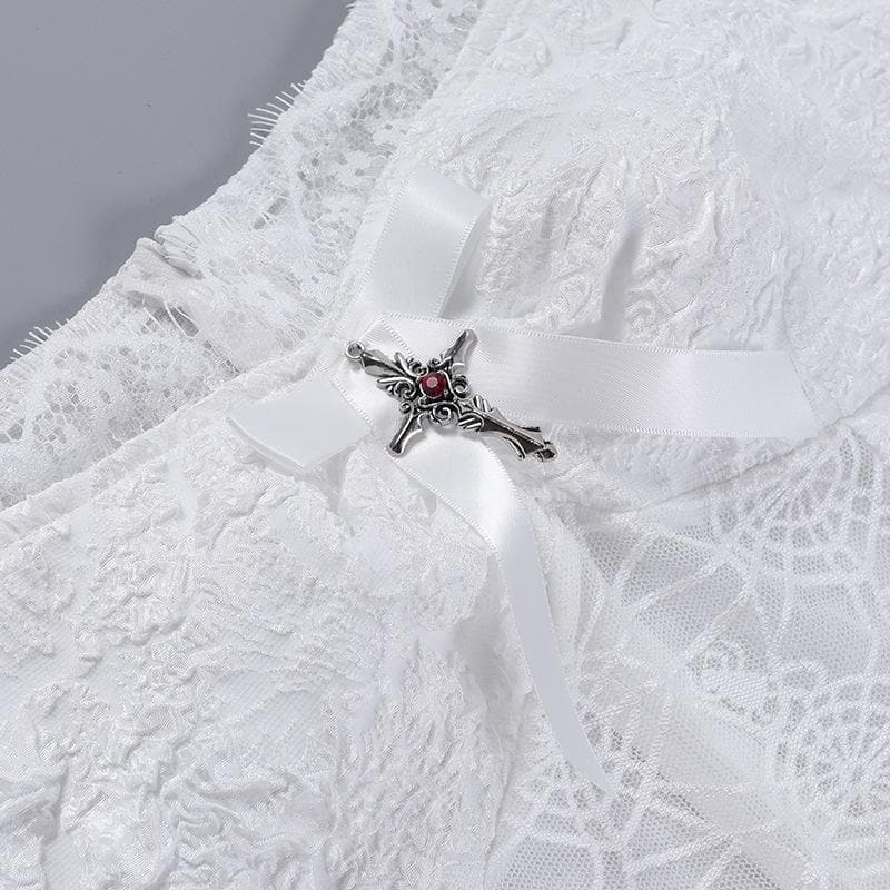 Hollow Out Off Shoulder Short Sleeve Crucifix Applique Bowknot Lace Hem Mini Dress 5