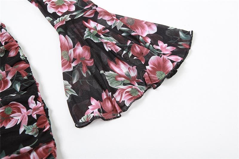 Floral Print Sweetheart Cutout Sheer Mesh Bell Sleeve Ruched Mini Dress 6